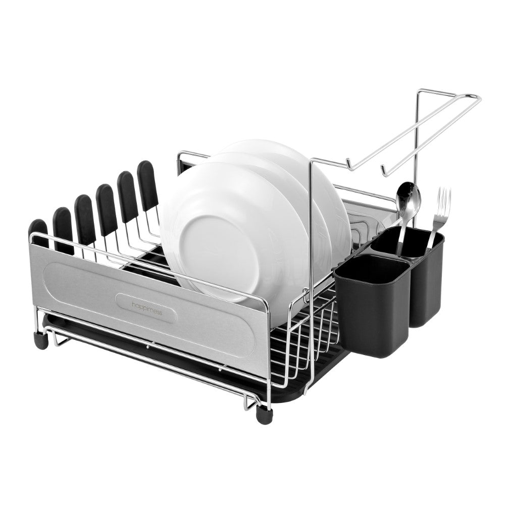 Compact Dish Drying Rack & Drain Tray With Wine Glass Holder - Happimess