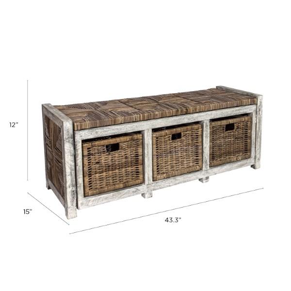 Rustic 43.3" 3 Drawer Wicker Storage Bench - Happimess