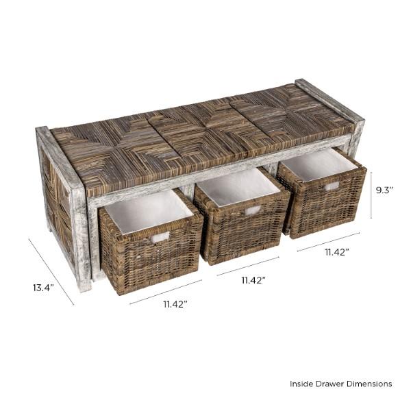 Rustic 43.3" 3 Drawer Wicker Storage Bench - Happimess