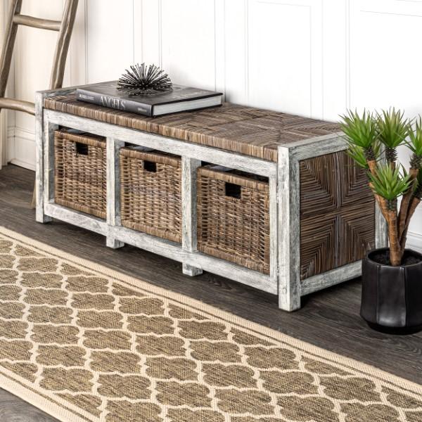 Rustic 43.3" 3 Drawer Wicker Storage Bench - Happimess