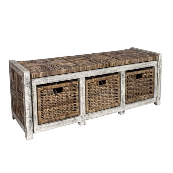 Rustic 43.3" 3 Drawer Wicker Storage Bench - Happimess