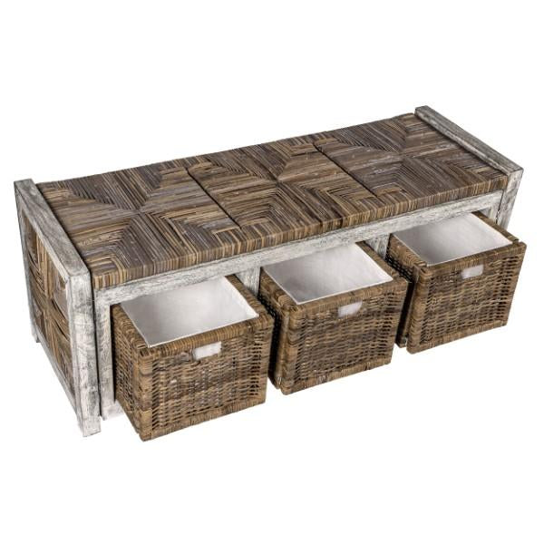 Rustic 43.3" 3 Drawer Wicker Storage Bench - Happimess