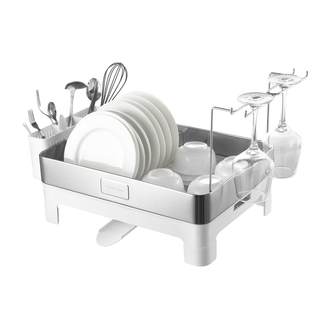 Simple Dish Drying Rack & Tray With Swivel Drain Spout, Wine Glass Holder