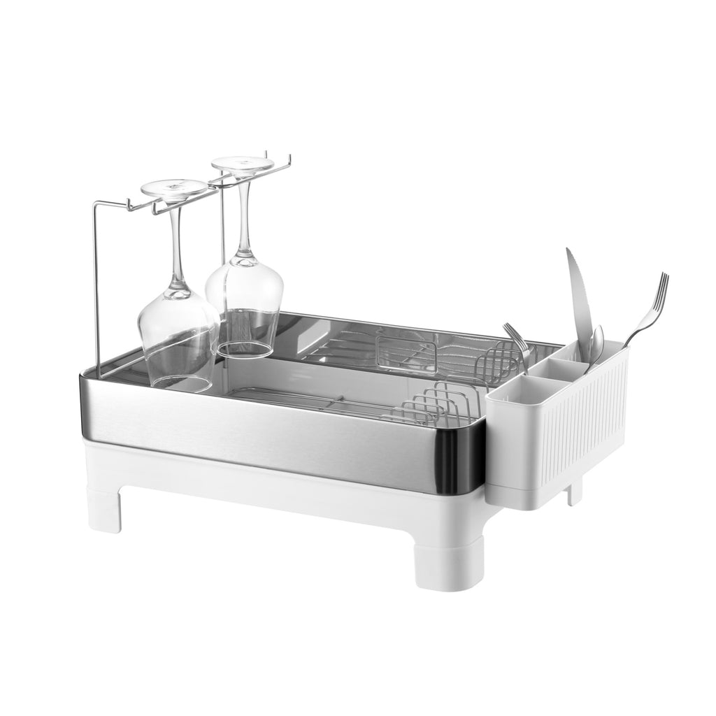 Simple Dish Drying Rack & Tray With Swivel Drain Spout, Wine Glass Holder